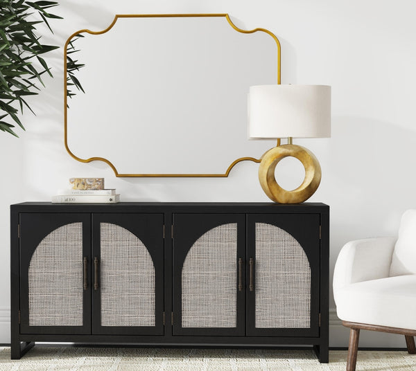 Bassett Mirror Boho Matte Black Oak with Natural Box Weave Cane Ashton 4-Door Server with 4 Shelves
