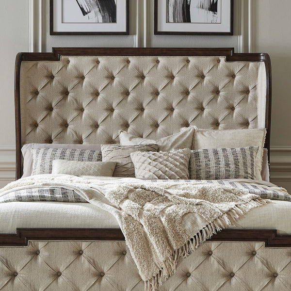 Liberty Furniture Provence Park Chateau Brown Queen Button Tufted Upholstered Shelter Headboard