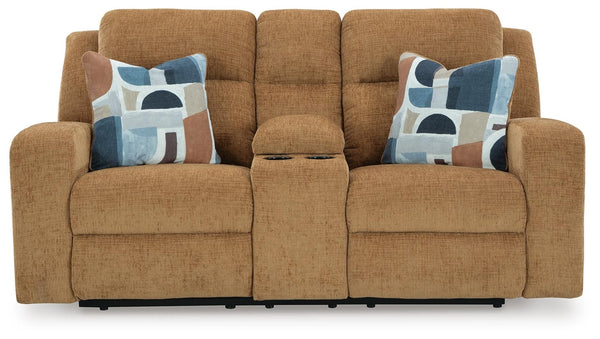 Kanlow Reclining Fabric Console Loveseat Honey