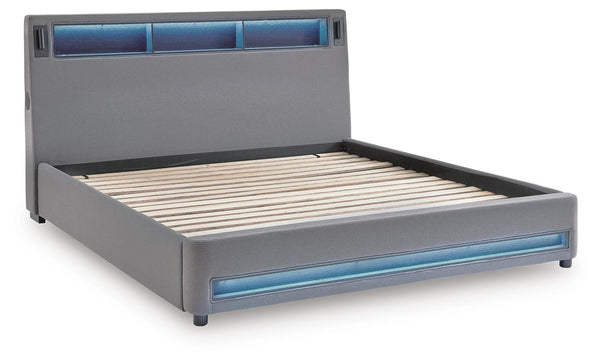 Verishaw King Upholstered Bed with Wireless Audio & USB Gray