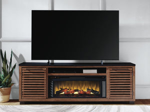 Kallari 84-Inch TV Stand with Electric Fireplace Warm Brown/Black