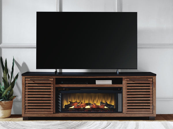 Kallari 84-Inch TV Stand with Electric Fireplace Warm Brown/Black