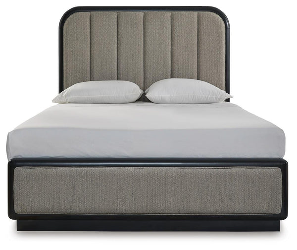 Rowanbeck Queen Upholstered Panel Bed Gray/Black
