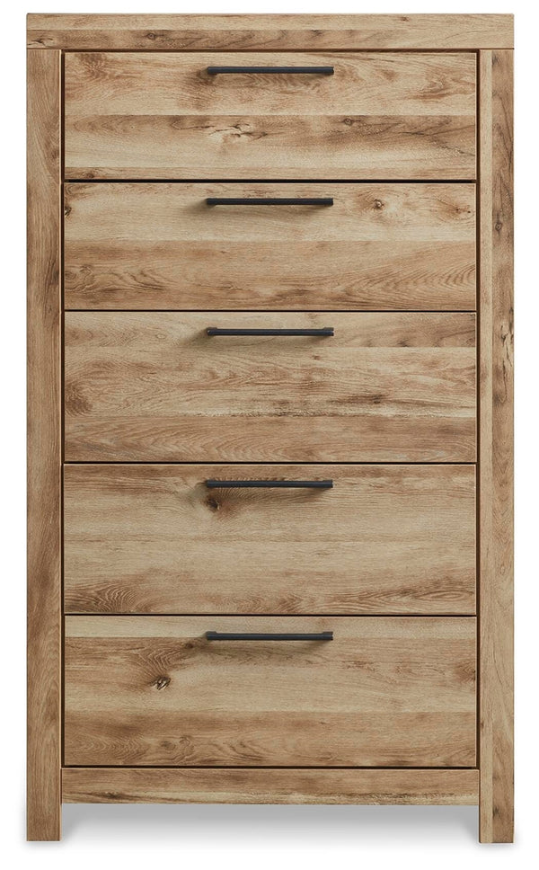 Hyanna Queen Panel Bed, Dresser, Mirror, Chest & Nightstand Tan Brown