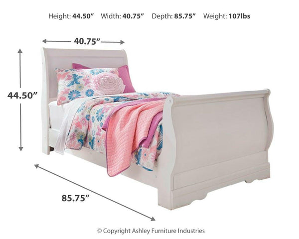 Anarasia Twin Sleigh Bed, Dresser & Mirror White