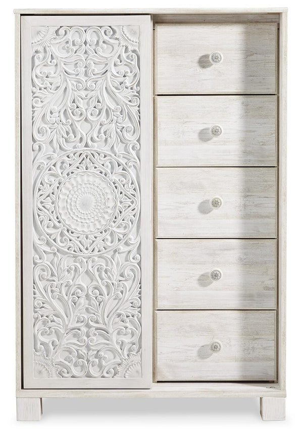 Paxberry Queen Panel Bed, Dresser, Mirror, Chest & Nightstand Whitewash