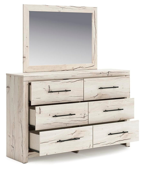 Lawroy Queen Storage Bed, Dresser, Mirror, Nightstand Light Natural