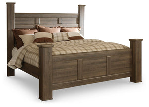 Juararo King Poster Bed, Dresser, Mirror & 2 Nightstands Dark Brown