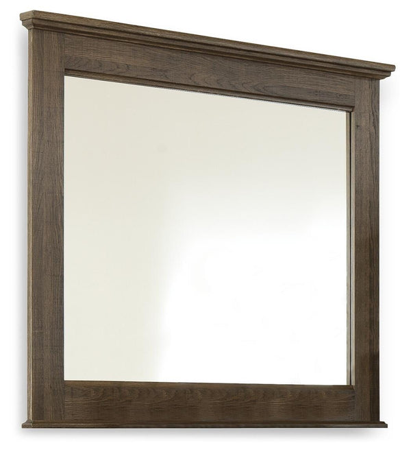Juararo King Poster Bed, Dresser, Mirror, Chest & Nightstand Dark Brown