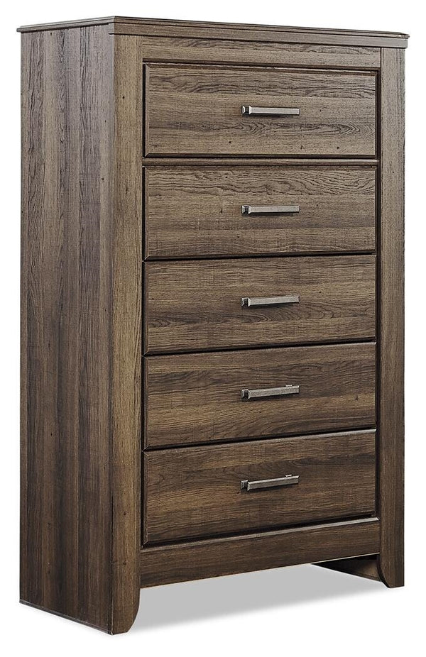 Juararo Queen Poster Bed, Dresser, Mirror, Chest & Nightstand Dark Brown