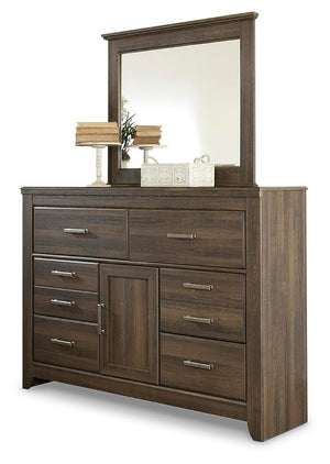 Juararo Queen Poster Bed, Dresser & Mirror Dark Brown