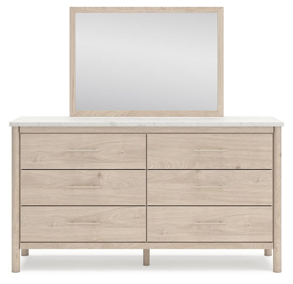 Cadmori Queen Upholstered Panel Bed, Dresser & Mirror Two-tone