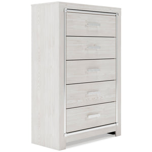Altyra Queen Upholstered Panel Bed, Dresser, Mirror, Chest & 2 Nightstands White