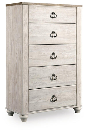 Willowton Twin Bed with Storage, Dresser, Mirror, Chest & Nightstand Whitewash