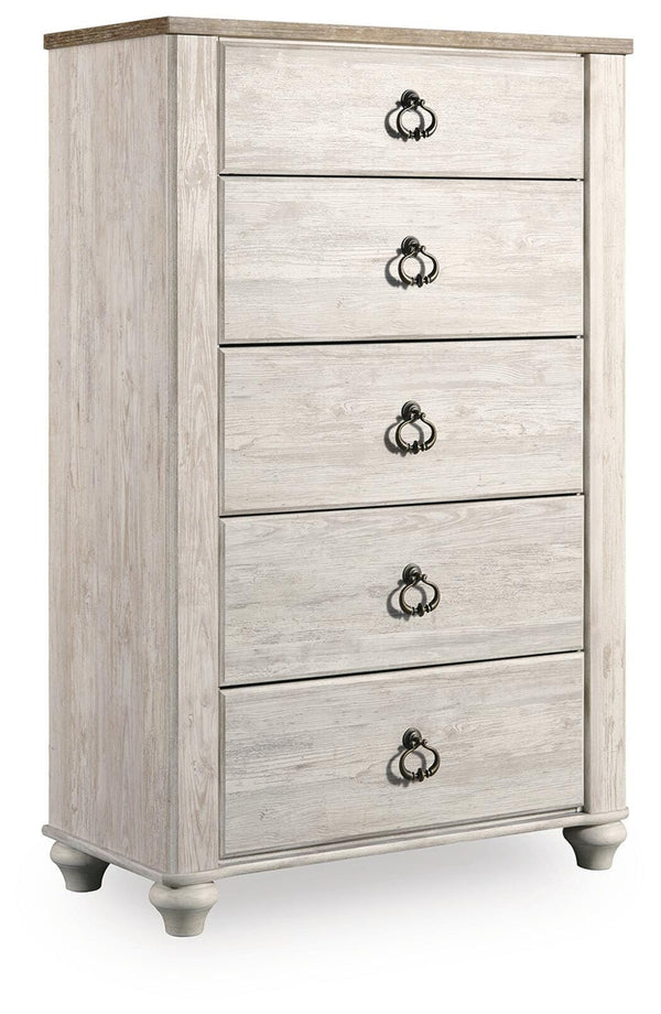Willowton Twin Bed with Storage, Dresser, Mirror, Chest & Nightstand Whitewash