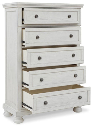 Robbinsdale Queen Panel Storage Bed, Dresser, Mirror & Chest Antique White