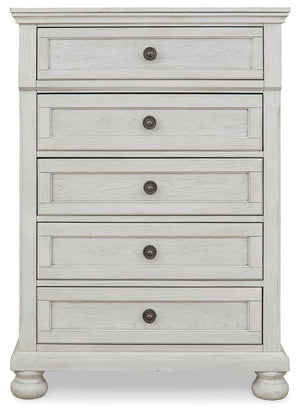 Robbinsdale Full Storage Sleigh Bed, Dresser, Mirror, Chest & Nightstand Antique White