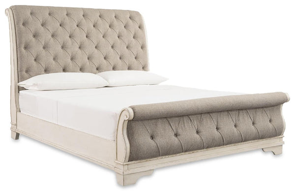 Realyn Queen Upholstered Sleigh Bed, Dresser & Mirror