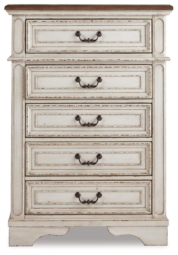 Realyn Full Upholstered Panel Bed, Dresser, Mirror, Chest & 2 Nightstands Two-tone