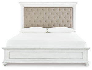 Kanwyn Queen Upholstered Panel Bed, Dresser, Mirror, & Nightstand Whitewash
