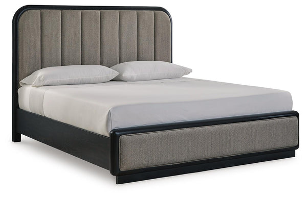 Rowanbeck King Upholstered Panel Bed, Dresser & Mirror Black