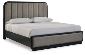 Rowanbeck California King Upholstered Panel Bed, Dresser & Mirror Black