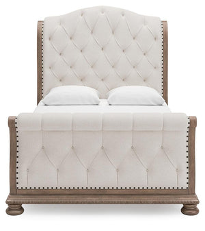 Ardenfield Queen Upholstered Sleigh Bed, Dresser & Mirror