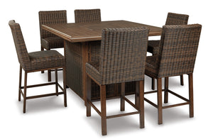 Paradise Trail Outdoor Bar Fire Pit Table with 6 Barstools Medium Brown