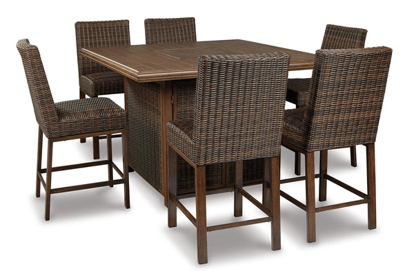 Paradise Trail Outdoor Bar Fire Pit Table with 6 Barstools Medium Brown
