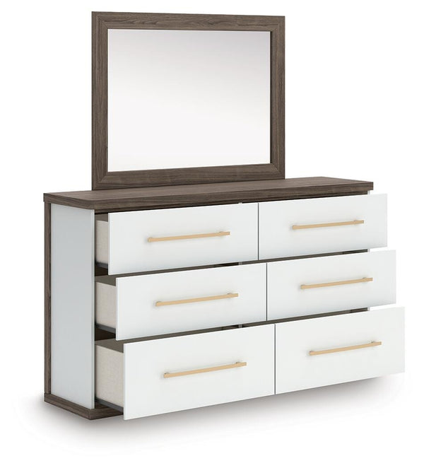 Kendanport Queen Upholstered Bed, Dresser, Mirror & Nightstand White/Brown