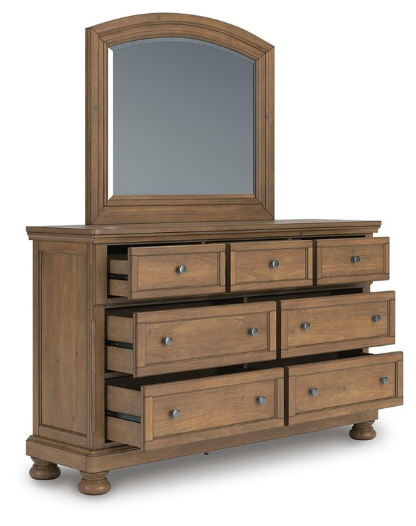 Feddinger Queen Panel Bed, Dresser, Mirror, Chest & Nightstand Medium Brown