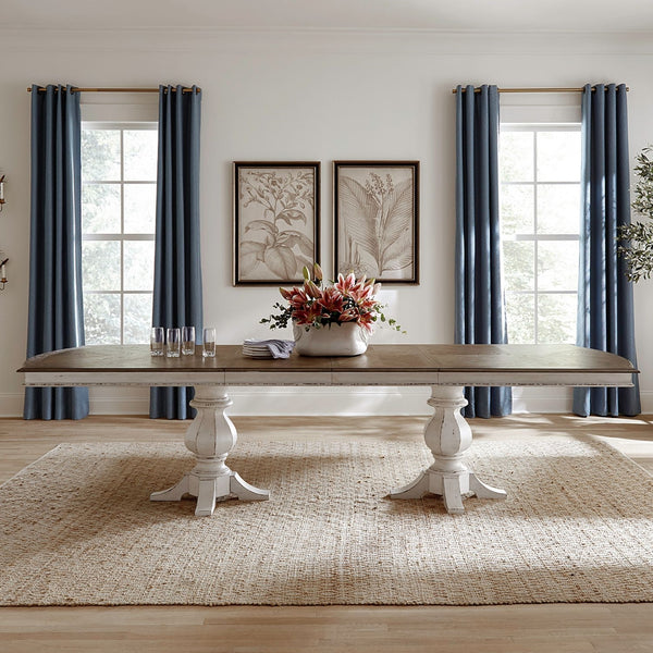 Liberty Furniture Magnolia Manor Antique White & Weathered Bark 5-Piece Double Pedestal Dining Table & 4 Windsor Back Side Chairs Set