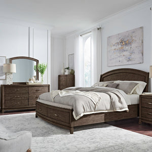 Liberty Furniture Avalon Coffee Bean King Panel Nail Head Trim Storage Bed with Starburst Veneer Pattern & Padded Upholstered Bench Seat