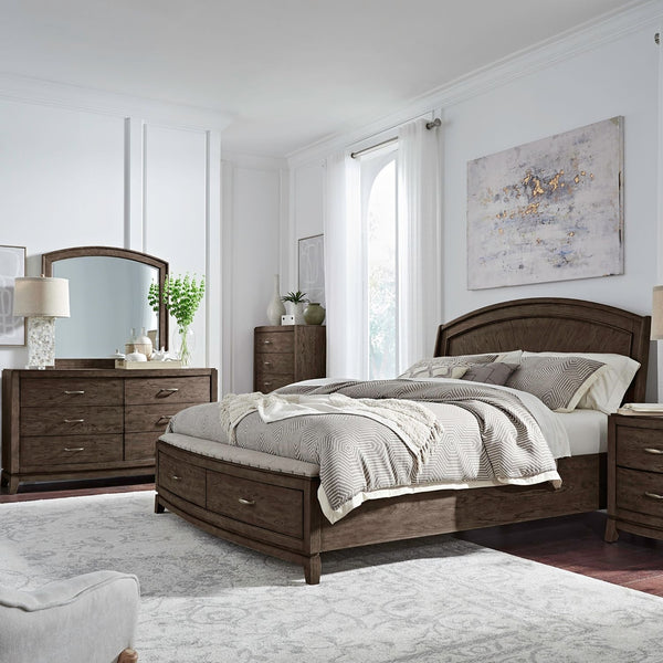 Liberty Furniture Avalon Coffee Bean King Panel Nail Head Trim Storage Bed with Starburst Veneer Pattern & Padded Upholstered Bench Seat