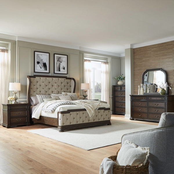 Liberty Furniture Provence Park Chateau Brown King Upholstered Shelter Headboard with Button Tufted Upholstered Panel