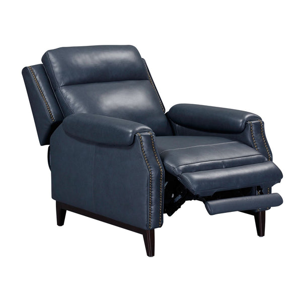 Liberty Furniture Rawling York Navy Leather Manual Push Back Recliner with Antique Brass Nail Head Trim