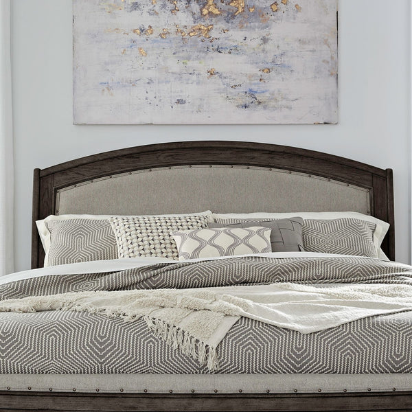 Liberty Furniture Avalon Coffee Bean Queen Upholstered Storage Bed with Nail Head Trim