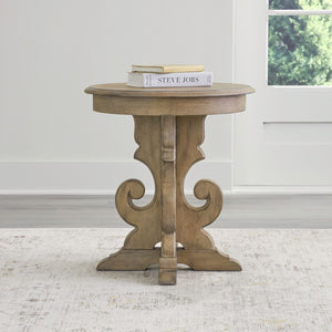 Liberty Furniture Magnolia Manor Weathered Bisque Round End Table with Fancy Face Veneer Top