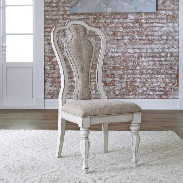 Liberty Furniture Magnolia Manor Antique White & Weathered Bark 7-Piece Double Pedestal Table & 6 Splat Back Upholstered Side Chairs Set