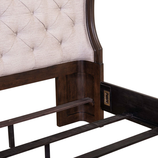 Liberty Furniture Provence Park Chateau Brown Queen Shelter Bed with Button Tufted Upholstered Panel