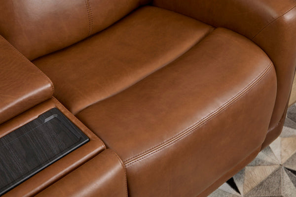 Flexsteel Alister Leather Power Gliding Loveseat with Console, Power Headrests & Lumbar in Sedona