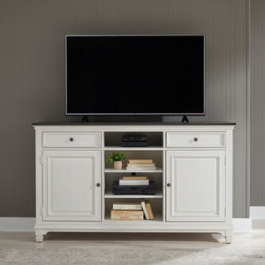 Liberty Furniture Allyson Park Wirebrushed White With Charcoal Tops 68-Inch Highboy TV Console with 2 Doors & 1 Adjustable Shelf