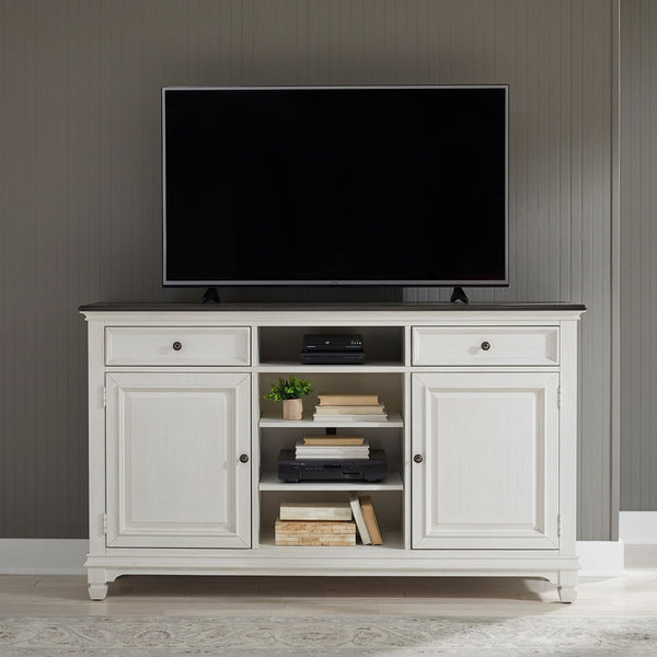Liberty Furniture Allyson Park Wirebrushed White With Charcoal Tops 68-Inch Highboy TV Console with 2 Doors & 1 Adjustable Shelf