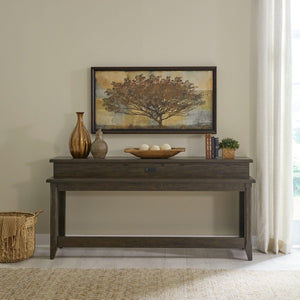 Liberty Furniture Paradise Valley Saddle Brown Console Bar Table with Built-In Charging Station