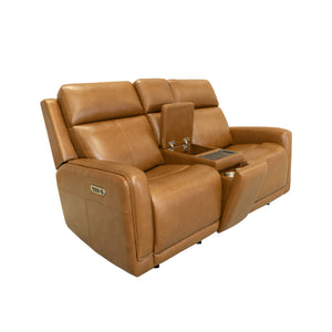 Flexsteel Alister Leather Power Gliding Loveseat with Console, Power Headrests & Lumbar in Sedona