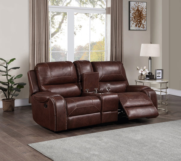 Steve Silver Keily Manual Glider Reclining Loveseat In Brown With Antiqued Brass Nailhead Trim