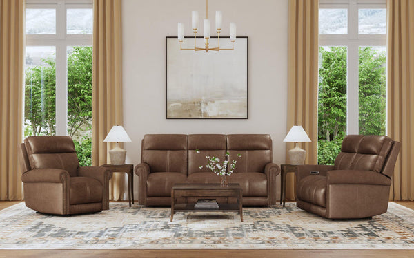 Flexsteel Zero Gravity Alexander Leather Power Reclining Sofa with Console, Power Headrest & Lumbar in Khaki