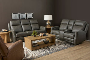 Flexsteel Maxwell Leather Power Reclining Loveseat with Console, Power Headrests and Lumbar in Cinder