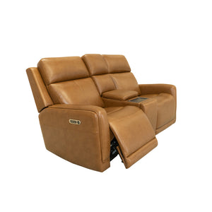 Flexsteel Alister Leather Power Gliding Loveseat with Console, Power Headrests & Lumbar in Sedona