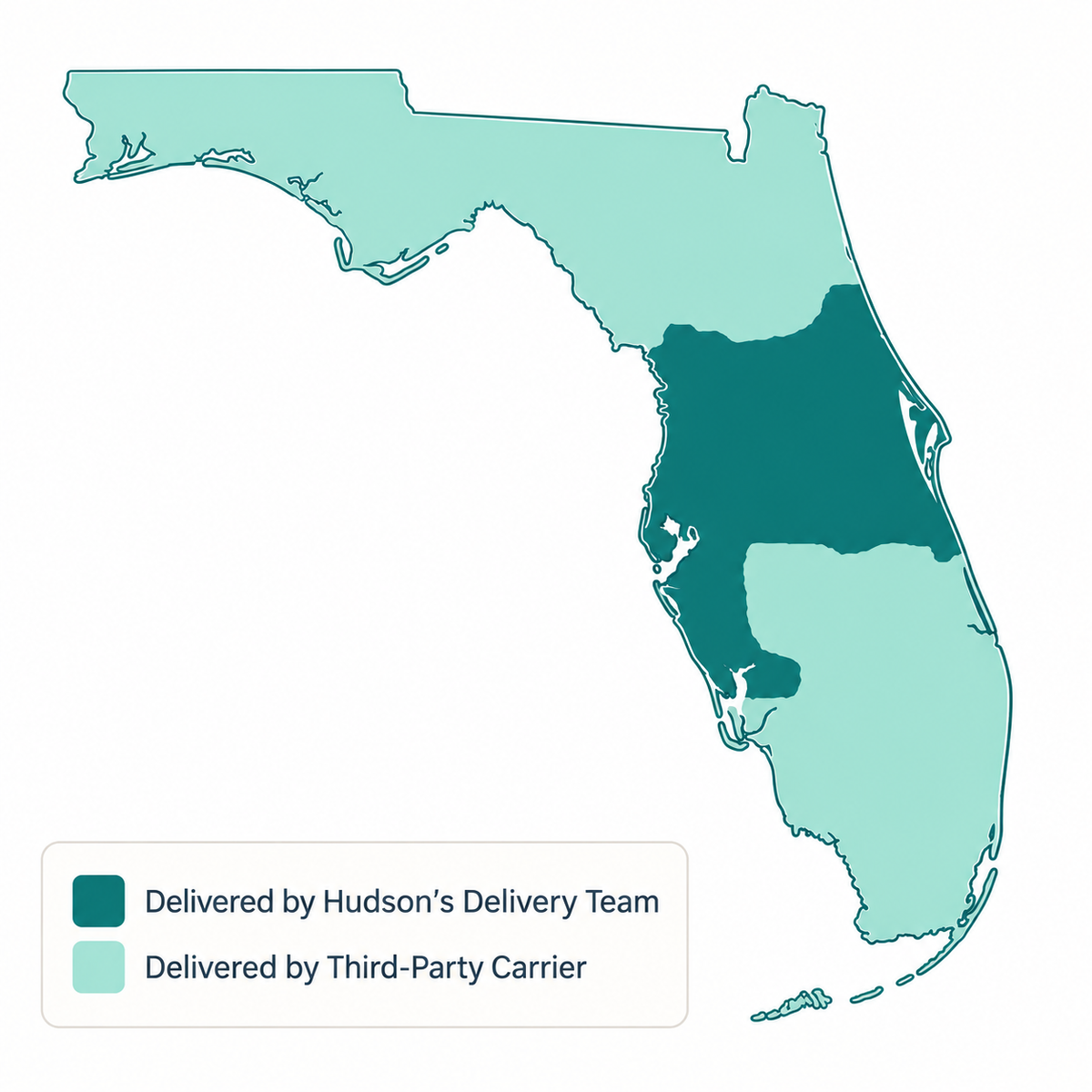 Florida delivery map showing Hudson's Delivery Team and third-party carrier zones
